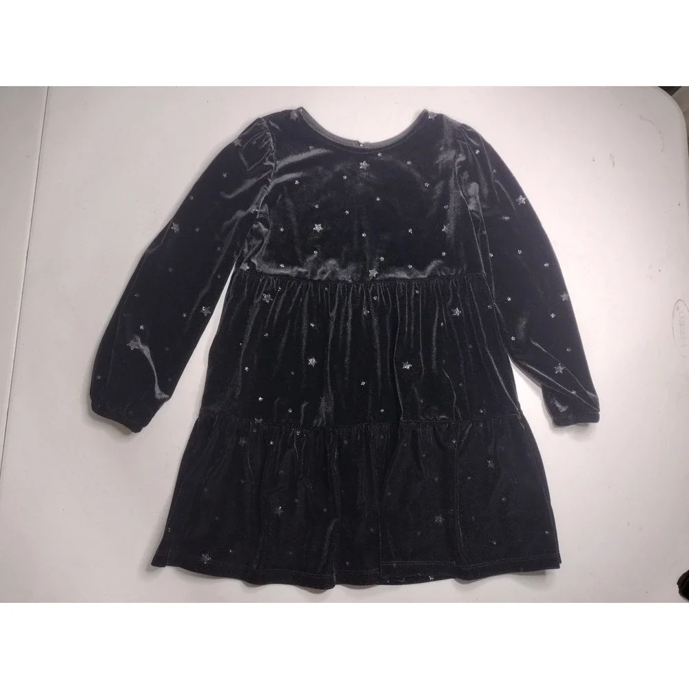 GAP Kids Girls Black Velvet Star Print Tiered Long Sleeve Dress Size‎ S 6 7